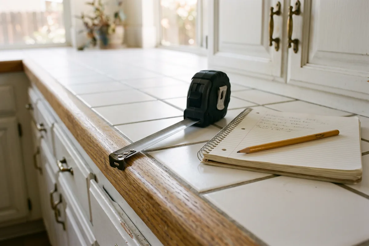 A tape measure hooked over the oak edge of an old white tile countertop beside a notebook of handwritten notes